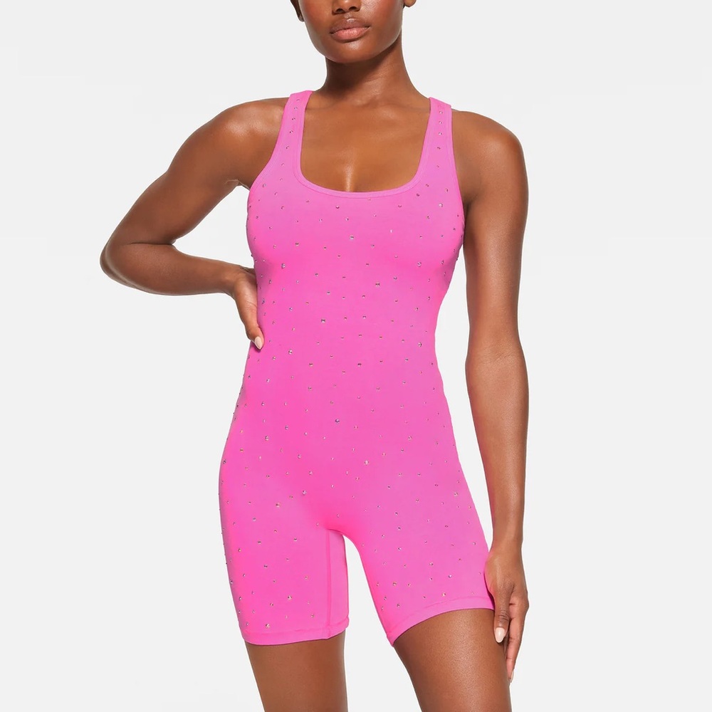 Skims Outdoor Rhinestone Mid Thigh Onesie in Taffy - SOLD OUT